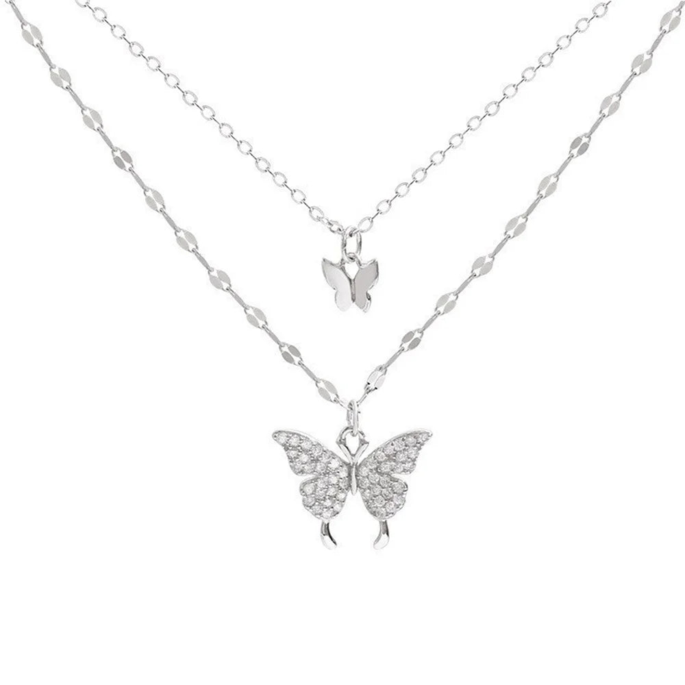 New Shiny Butterfly Necklace Ladies Exquisite Double Layer Clavicle Chain Necklace Jewelry for Ladies Gift