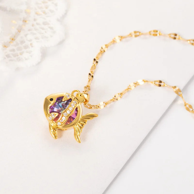 New Trendy Fashion 18K Gold Plated Colorful Zircon Crystal Pendant Women Necklaces Ladies Stainless Steel Clavicle Chain Jewelry