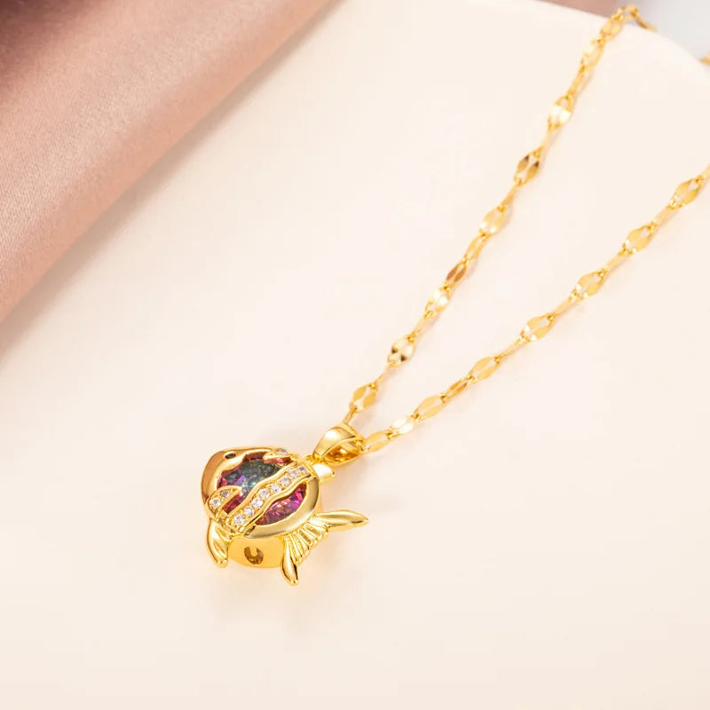 New Trendy Fashion 18K Gold Plated Colorful Zircon Crystal Pendant Women Necklaces Ladies Stainless Steel Clavicle Chain Jewelry