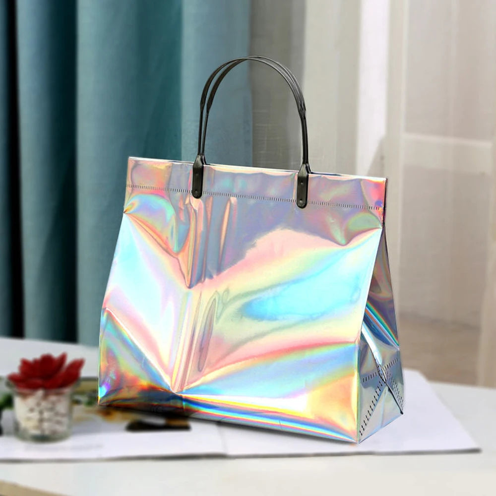 PVC Laser Tote Bag for Women Beach Waterproof Thick Handbag Portable Clothing Makeup Shopping Bag Tote Eco Handle Bags S/M/L