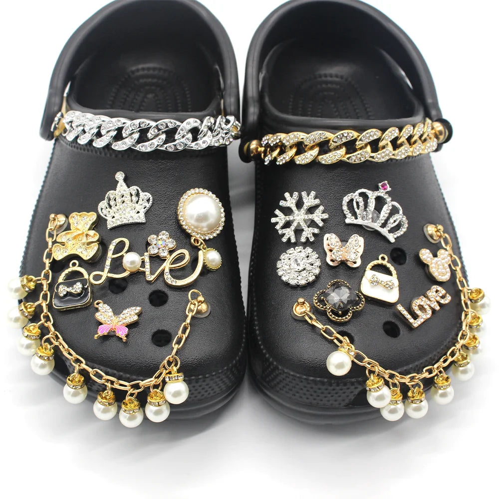 Hot 1pcs Jewelry Metal Shoe Charms Crystal crown Shoe Aceessories Pearl Bracelet Fit women’s croc clogs girls Gifts