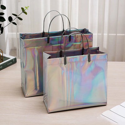 PVC Laser Tote Bag for Women Beach Waterproof Thick Handbag Portable Clothing Makeup Shopping Bag Tote Eco Handle Bags S/M/L