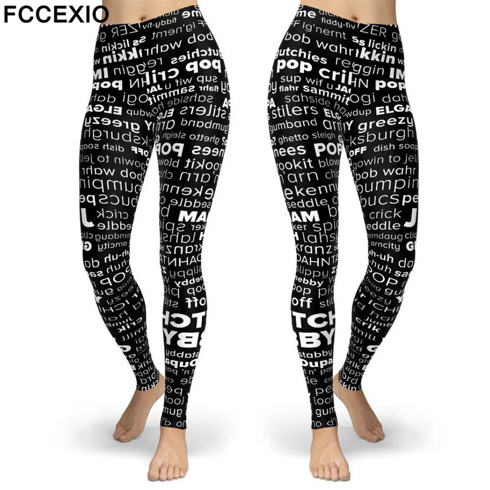 FCCEXIO Brand Letter Printed Women Legging Fashion Black Sports Pencil Pants Fitness Sexy Workout Leggings  S-3XL