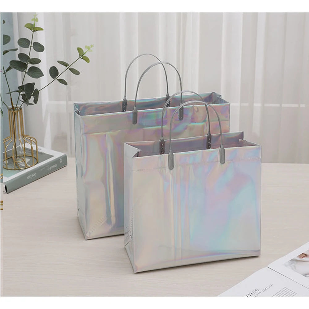 PVC Laser Tote Bag for Women Beach Waterproof Thick Handbag Portable Clothing Makeup Shopping Bag Tote Eco Handle Bags S/M/L