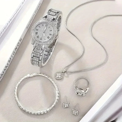 Glamorous 6pcs/set Womens Luxury Rhinestone Quartz Watch with Rome Numerals - Stylish Analog Wrist Jewelry Set, Perfect