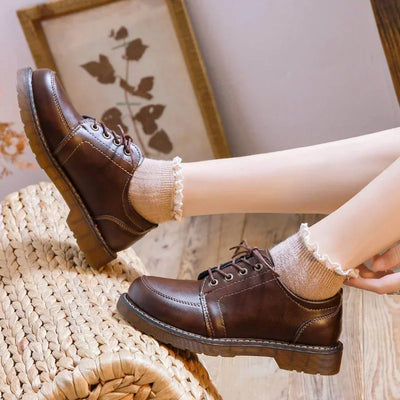 35-40 Women Oxfords Women's Shoes Ladies Leather Female Round Toe Sewing Retro Comfortable Footwear Lolita Shoe Brown