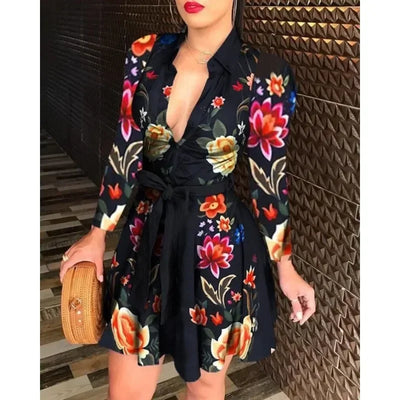 Casual Long Sleeved Dress With Buttons And Lapels, Elegant Suit With Print, Size S-2XL, Affordable And High-quality Women's