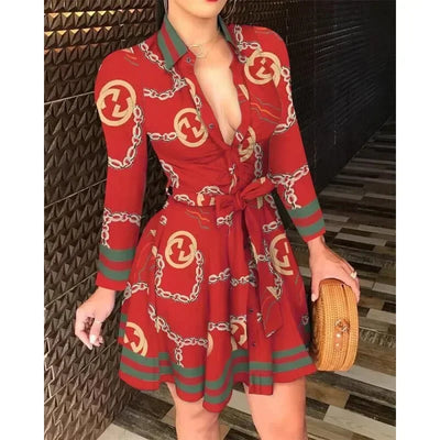 Casual Long Sleeved Dress With Buttons And Lapels, Elegant Suit With Print, Size S-2XL, Affordable And High-quality Women's