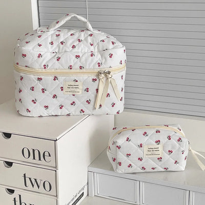 Fashion Cherry Tote Women Makeup Bag Portable Cute Ladies Cosmetic Toiletry Storage Pouch Handbag Cotton Quilted Zipper Bag