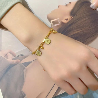 1pcs Gold-color Bracelet Ladies Hip Hop Style Stainless Steel Round Sign Portrait Pendant Wide Cross Chain Jewelry