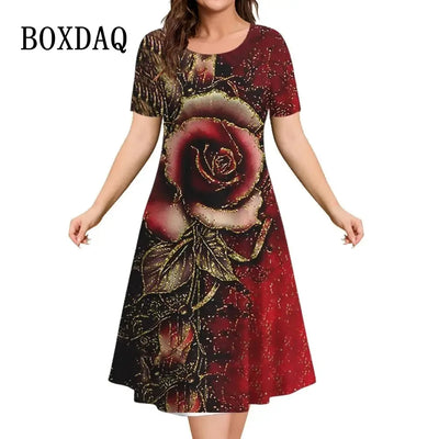 New Women‘s Dresses 3d Flowers Pattern Short Sleeve Clothing Casual Fashion A-Line Dress Summer Lady Oversized Vacation Dresses