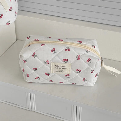 Fashion Cherry Tote Women Makeup Bag Portable Cute Ladies Cosmetic Toiletry Storage Pouch Handbag Cotton Quilted Zipper Bag