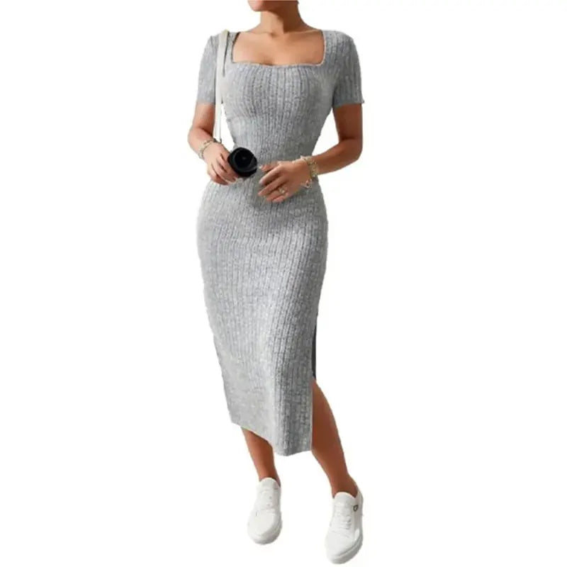 Summer Square Neck, Hip-Hugging Mid-Length Skirt, Short-Sleeved, Versatile Knitted Slit Dress