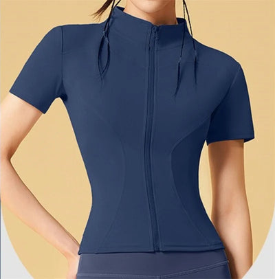 PofyBofy Quick Dry Stretchy Stand Collar Full Zipper Short Sleeve Slim Fit Fashion Women’s Yoga Jacket Fitness Running Sportwear