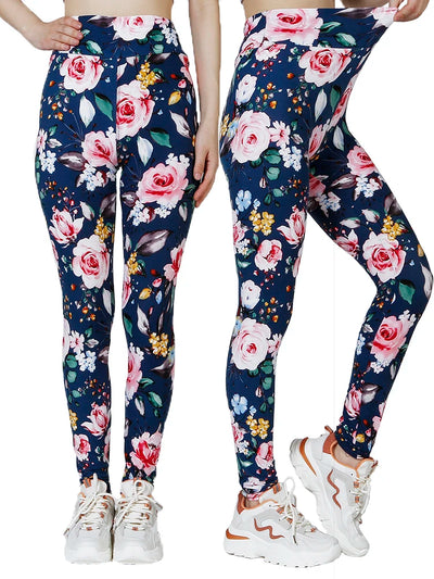 CUHAKCI Workout Push Up High Wasit Navy Pink Flowers Printing Leggings Women Clothes Sports Yoga Pencil Pants Soft Tights S-2XL