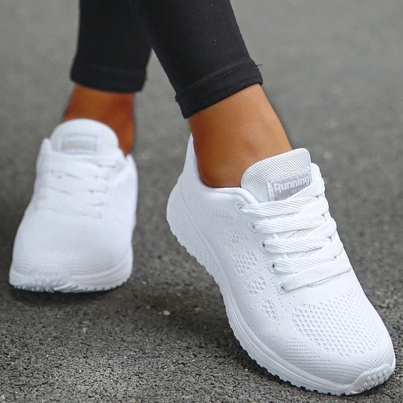 Women's Sneakers Breathable 2025 New Fashion Flat Outdoor Woman Vulcanize Shoes Mesh Fabric Lace Up Ladies Shoes Female Footwear