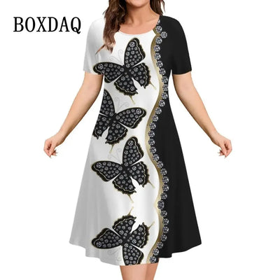 New Women‘s Dresses 3d Flowers Pattern Short Sleeve Clothing Casual Fashion A-Line Dress Summer Lady Oversized Vacation Dresses