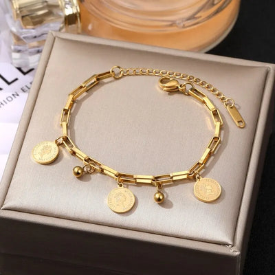 1pcs Gold-color Bracelet Ladies Hip Hop Style Stainless Steel Round Sign Portrait Pendant Wide Cross Chain Jewelry