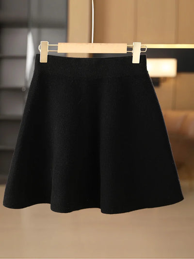 Women’s Wool Skirt Autumn Winter Elastic Waist Mini A-Line Cashmere Skirt 100% Merino Wool Knitted Above Knee Preppy Style Dress