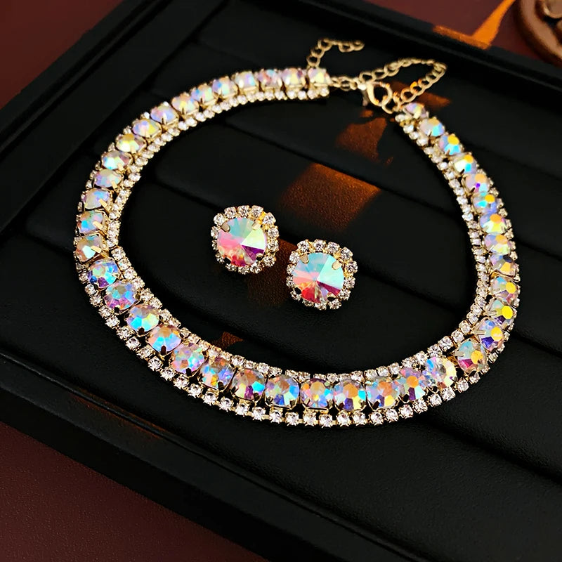 Luxury Green Rhinestone Necklace Stud Earrings For Women Crystal Choker Necklaces Ladies Fashion Weddings Banquet Jewelry Set