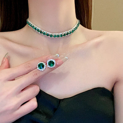 Luxury Green Rhinestone Necklace Stud Earrings For Women Crystal Choker Necklaces Ladies Fashion Weddings Banquet Jewelry Set