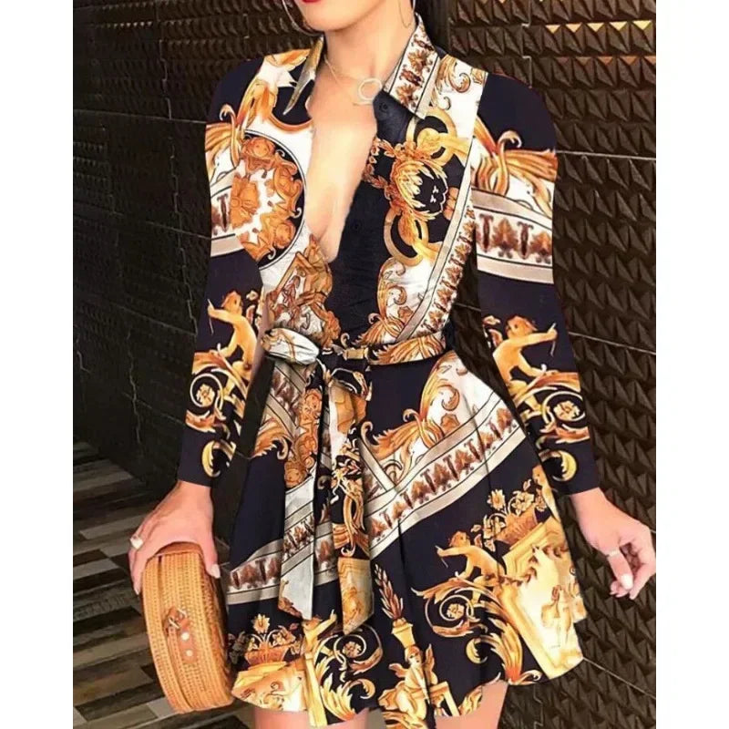 Casual Long Sleeved Dress With Buttons And Lapels, Elegant Suit With Print, Size S-2XL, Affordable And High-quality Women's