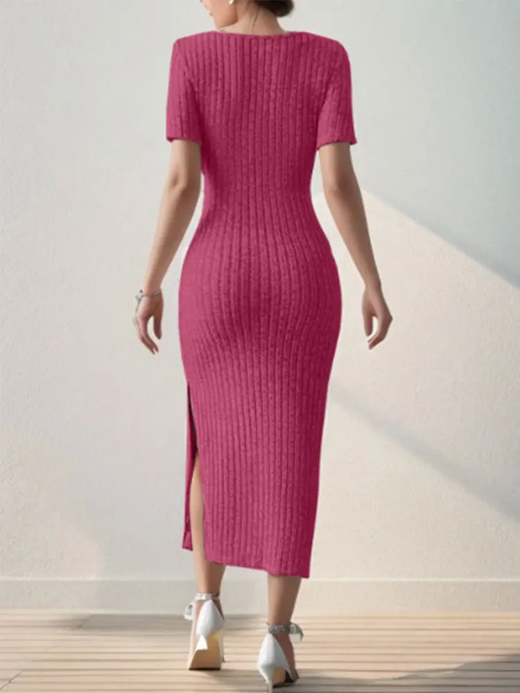 Summer Square Neck, Hip-Hugging Mid-Length Skirt, Short-Sleeved, Versatile Knitted Slit Dress