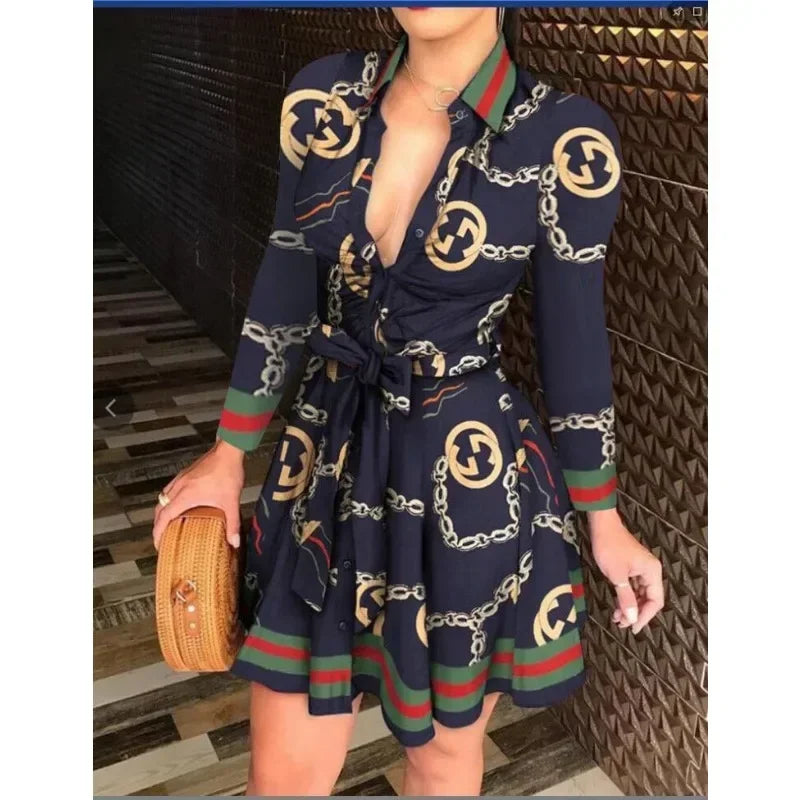 Casual Long Sleeved Dress With Buttons And Lapels, Elegant Suit With Print, Size S-2XL, Affordable And High-quality Women's