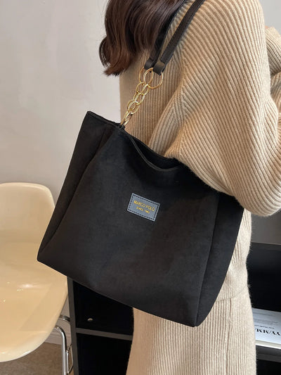 Stylish Suede Shoulder Bag, Letterstick Details Chain Trim Tote Handbag, Lady High Volume Tote Bag