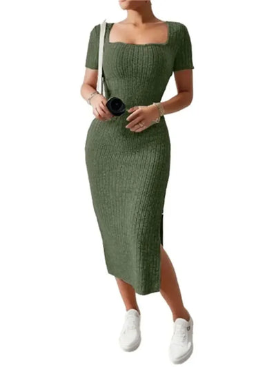 Summer Square Neck, Hip-Hugging Mid-Length Skirt, Short-Sleeved, Versatile Knitted Slit Dress