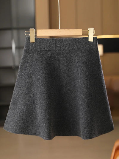 Women’s Wool Skirt Autumn Winter Elastic Waist Mini A-Line Cashmere Skirt 100% Merino Wool Knitted Above Knee Preppy Style Dress