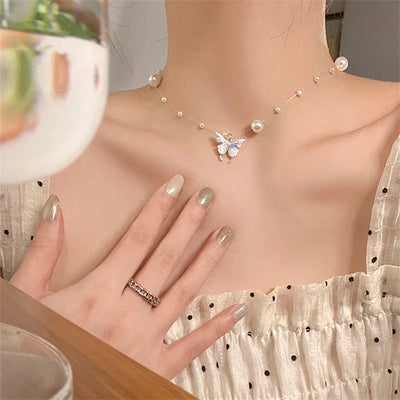 New Shiny Butterfly Necklace Ladies Exquisite Double Layer Clavicle Chain Necklace Jewelry for Ladies Gift