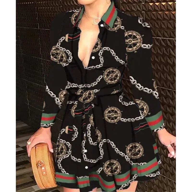 Casual Long Sleeved Dress With Buttons And Lapels, Elegant Suit With Print, Size S-2XL, Affordable And High-quality Women's