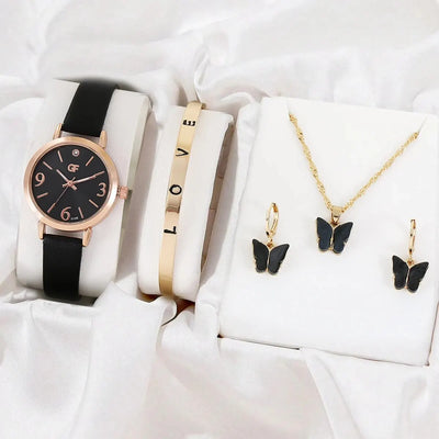 6 PCS New Lxury Love Rhinestone Jewelry Ladies Ring Necklace Earrings Bracelet Set Simple Digital Leather Strap Quartz Watch