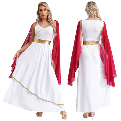 Womens Ancient Greek Costume Halloween Greek Princess Deity Queen Cosplay Flowy Tulle Chiffon Toga Dress Carnival Fancy Dress Up