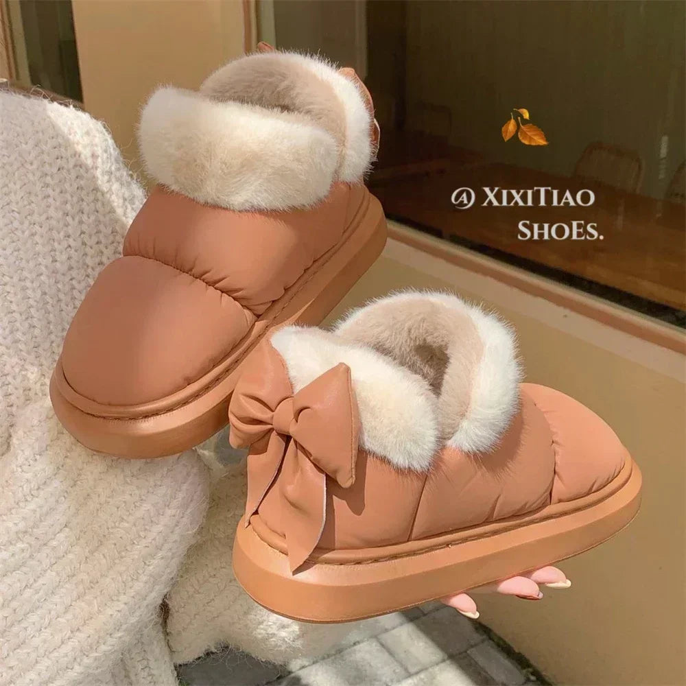 New Women Cute Warm Ankle Boots Ladies Outdoor Non-slip Thick Sole Snow Boot Furry Bow Cotton Shoe Waterproof Plush Boots2024