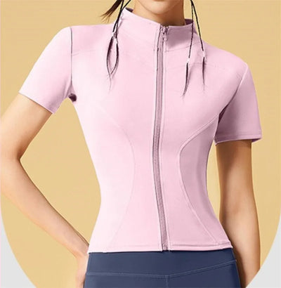 PofyBofy Quick Dry Stretchy Stand Collar Full Zipper Short Sleeve Slim Fit Fashion Women’s Yoga Jacket Fitness Running Sportwear