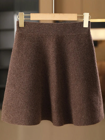 Women’s Wool Skirt Autumn Winter Elastic Waist Mini A-Line Cashmere Skirt 100% Merino Wool Knitted Above Knee Preppy Style Dress