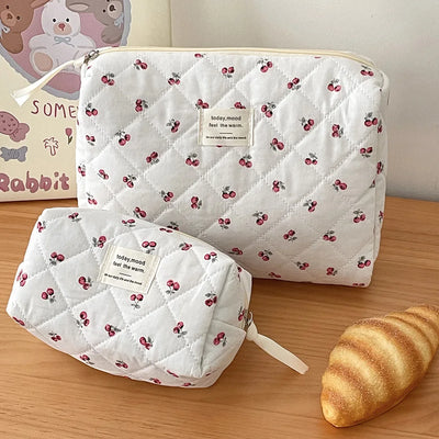 Fashion Cherry Tote Women Makeup Bag Portable Cute Ladies Cosmetic Toiletry Storage Pouch Handbag Cotton Quilted Zipper Bag