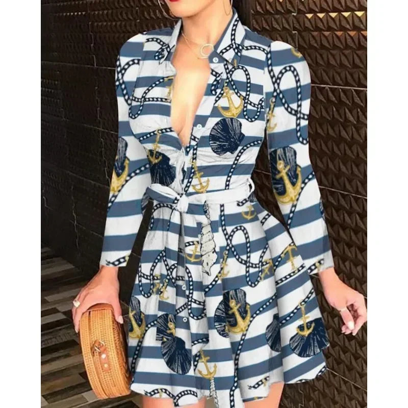 Casual Long Sleeved Dress With Buttons And Lapels, Elegant Suit With Print, Size S-2XL, Affordable And High-quality Women's