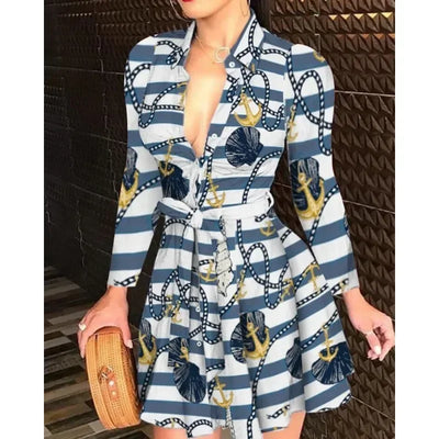 Casual Long Sleeved Dress With Buttons And Lapels, Elegant Suit With Print, Size S-2XL, Affordable And High-quality Women's