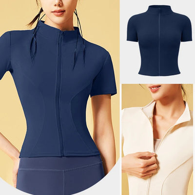 PofyBofy Quick Dry Stretchy Stand Collar Full Zipper Short Sleeve Slim Fit Fashion Women’s Yoga Jacket Fitness Running Sportwear