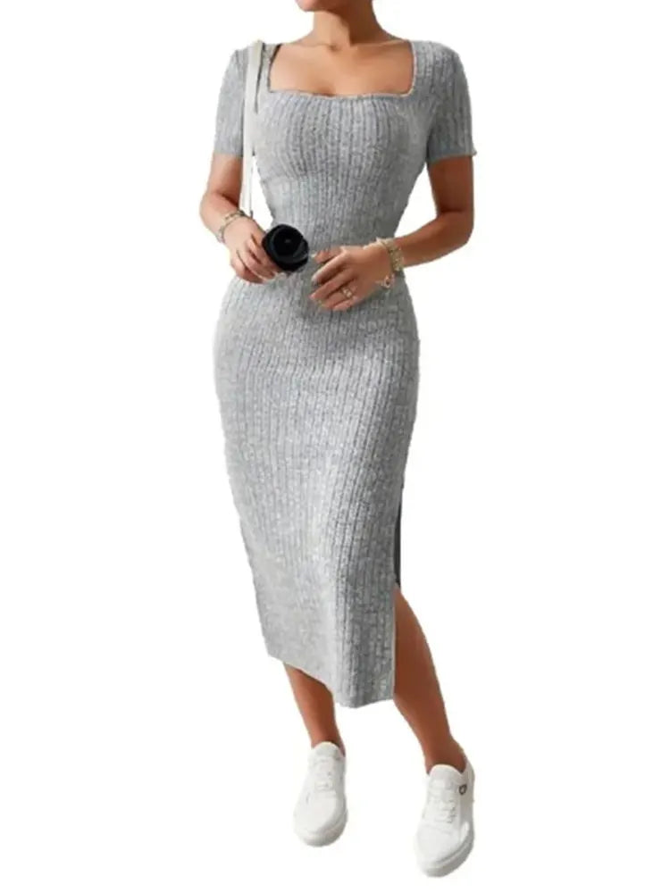 Summer Square Neck, Hip-Hugging Mid-Length Skirt, Short-Sleeved, Versatile Knitted Slit Dress