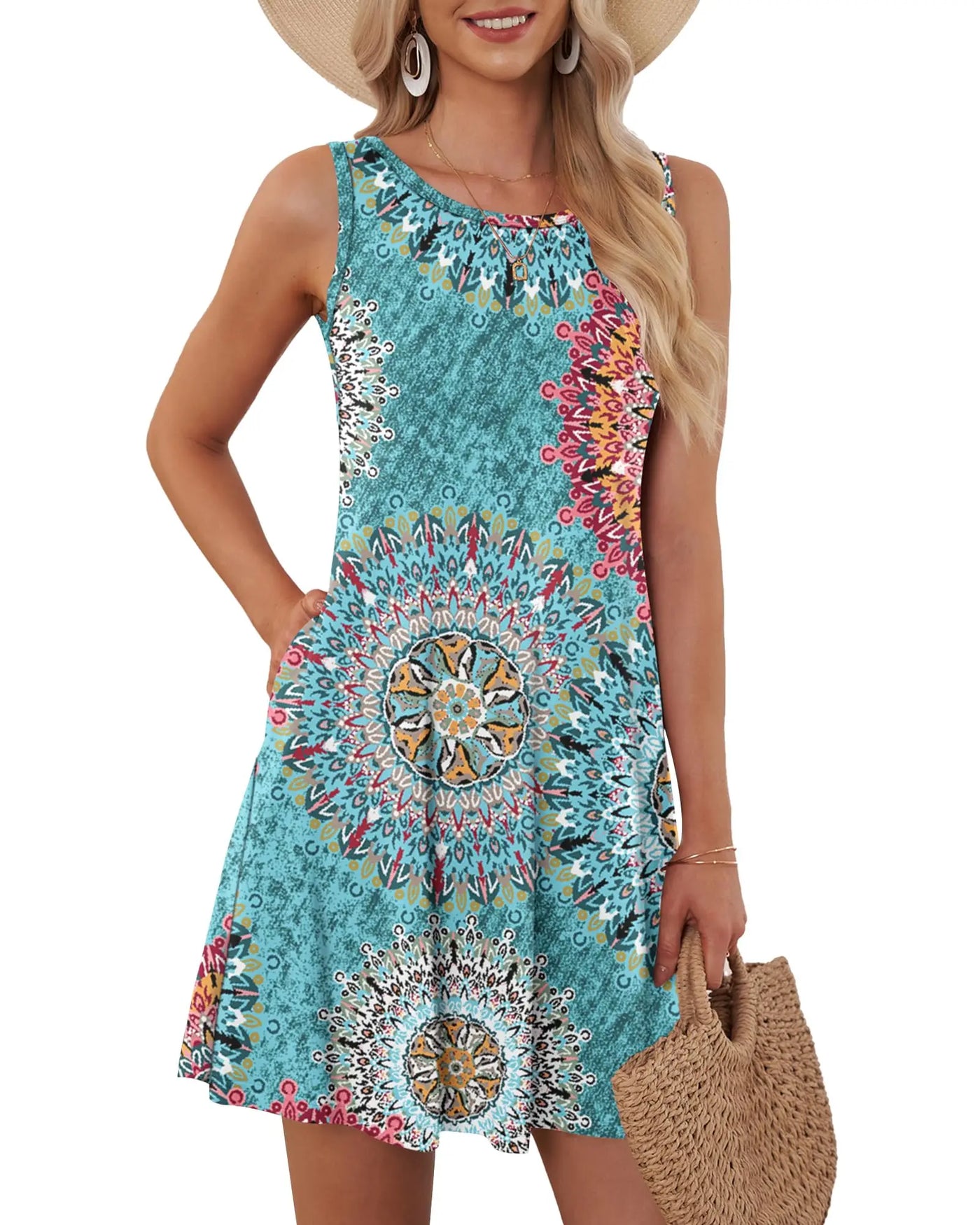 Summer S-5XL Women's Pocket Vest Mini Dress Bohemian Style Beach Vacation Casual Fashion Loose Sleeveless Vest Knee-length Dress