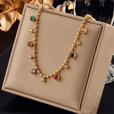 DIEYURO 316L Stainless Steel Multicolor Crystal Zircon Necklace For Women Fashion Lady Ball Chain Wedding Party Jewelry Gifts