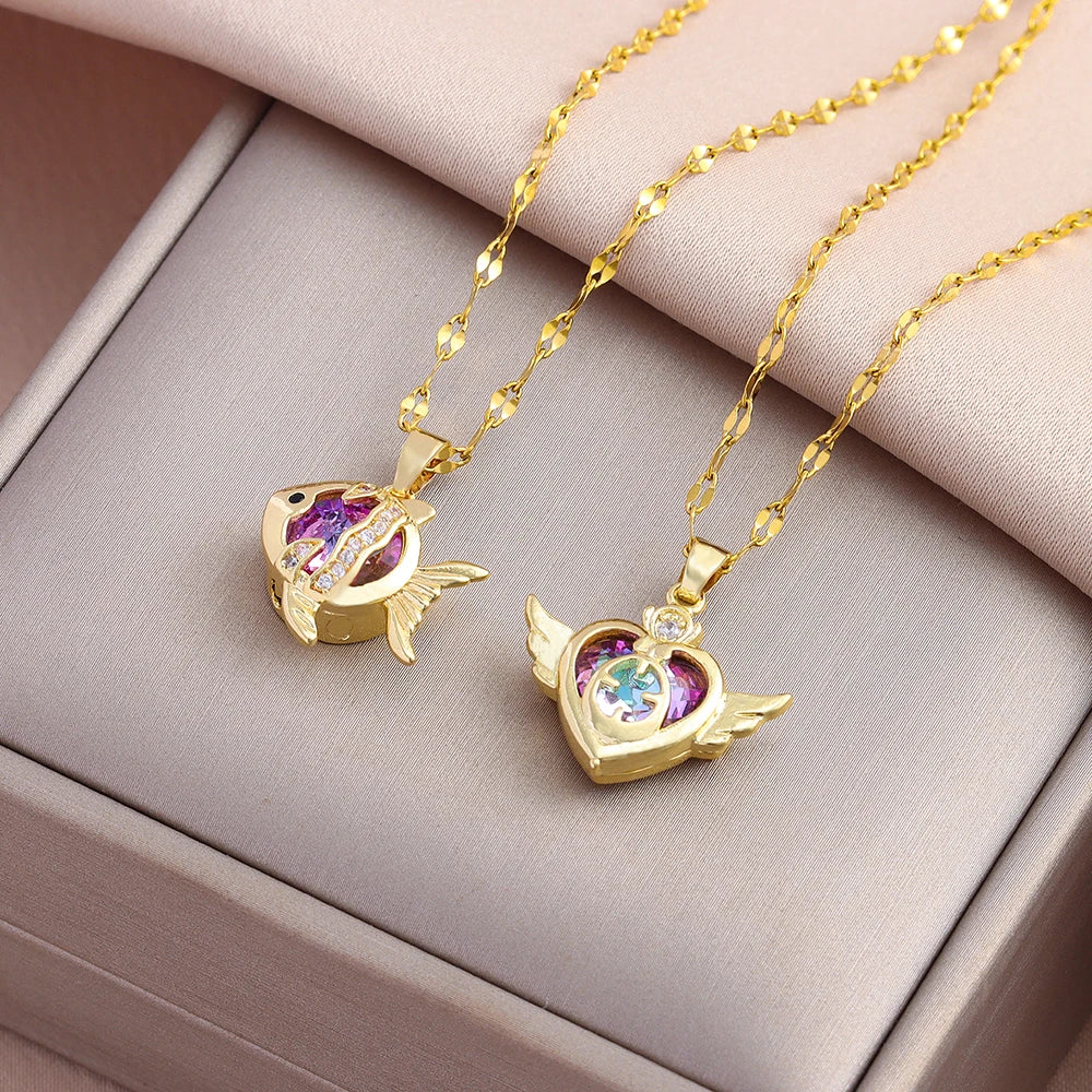 New Trendy Fashion 18K Gold Plated Colorful Zircon Crystal Pendant Women Necklaces Ladies Stainless Steel Clavicle Chain Jewelry