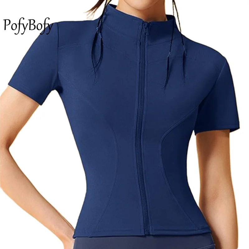 PofyBofy Quick Dry Stretchy Stand Collar Full Zipper Short Sleeve Slim Fit Fashion Women’s Yoga Jacket Fitness Running Sportwear