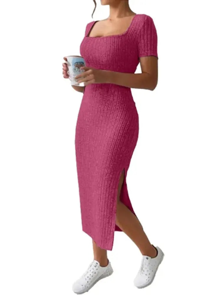 Summer Square Neck, Hip-Hugging Mid-Length Skirt, Short-Sleeved, Versatile Knitted Slit Dress