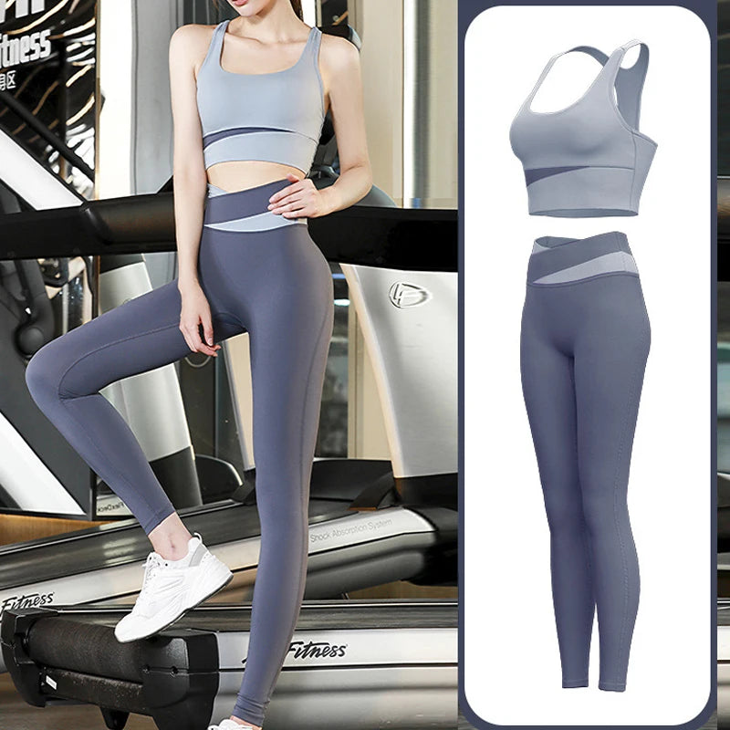 High Waist Yoga Set Lady Gym Suit Sport Set Shockproof Sport Bra Crop Top Patchwork Tracksuit Women Fitness Outfit Training Wear