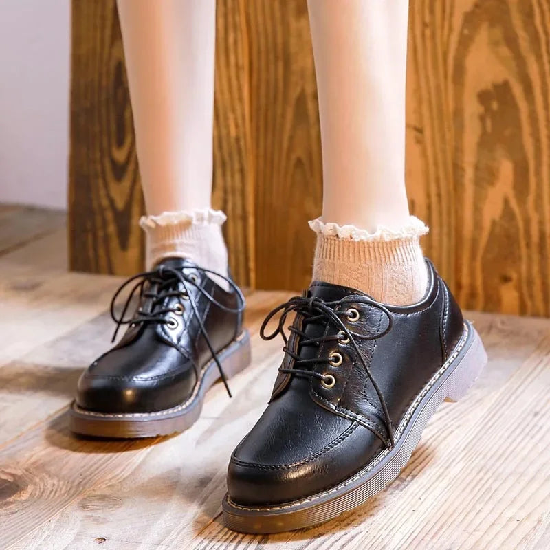 35-40 Women Oxfords Women's Shoes Ladies Leather Female Round Toe Sewing Retro Comfortable Footwear Lolita Shoe Brown